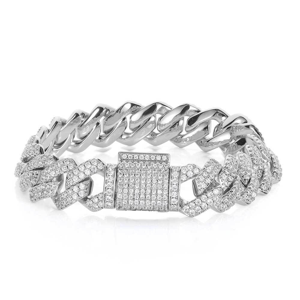 14mm Diamond-Shaped Cuban Bracelet Micro-Inlaid Moissanite S925Silver