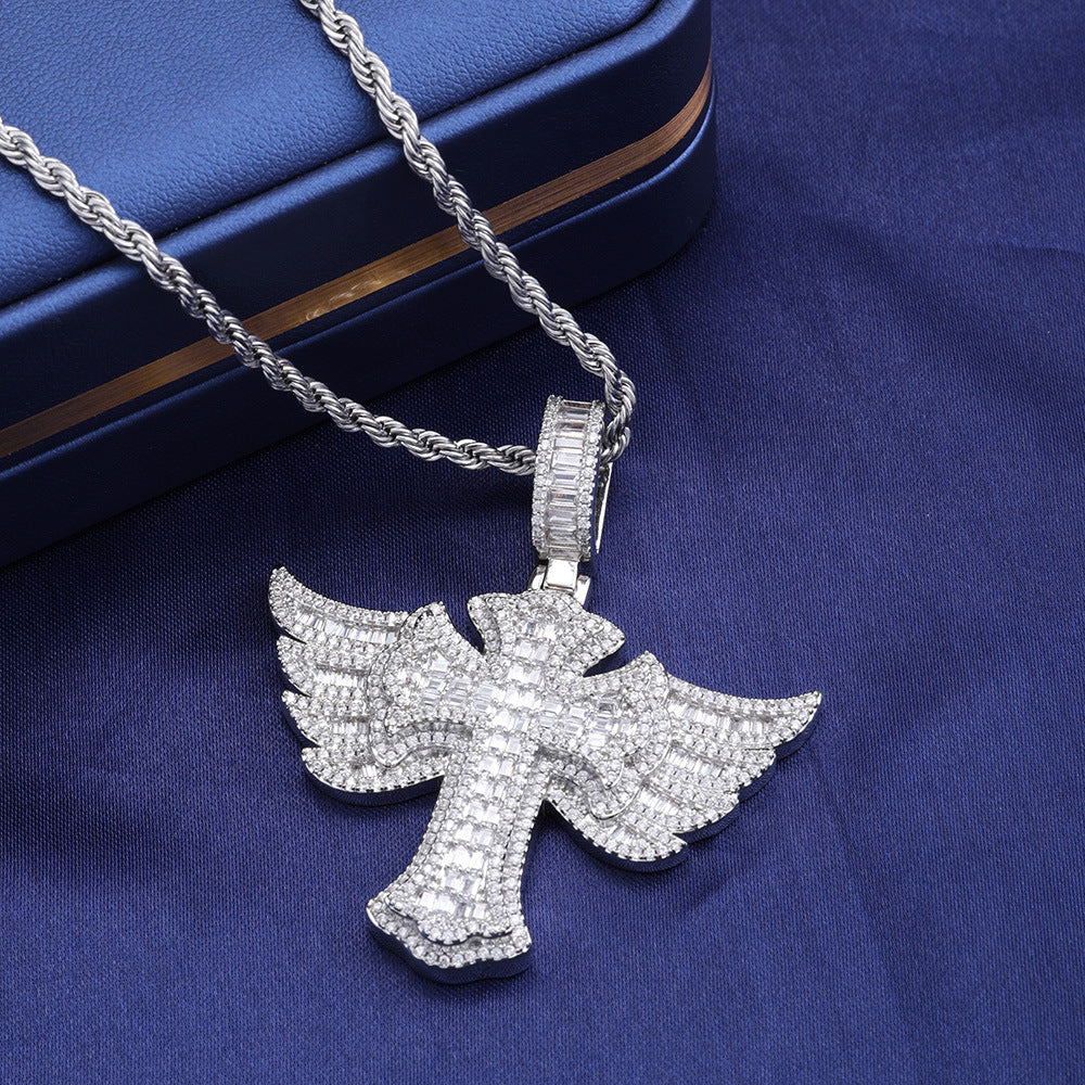 Angel Wings S925Silver Moissanite Cross Pendant