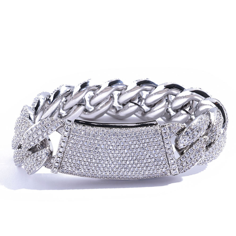 S925Silver Moissanite Three Rows Full Diamond Cuban Link Chain Bracelet