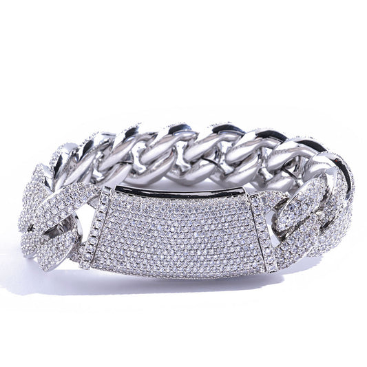 S925Silver Moissanite Three Rows Full Diamond Cuban Link Chain Bracelet