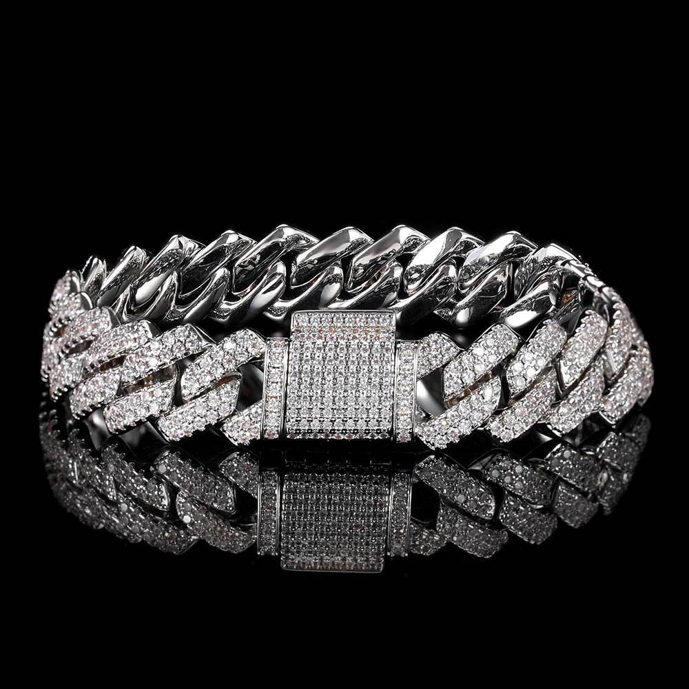 14mm Diamond-Shaped Cuban Bracelet Micro-Inlaid Moissanite S925Silver