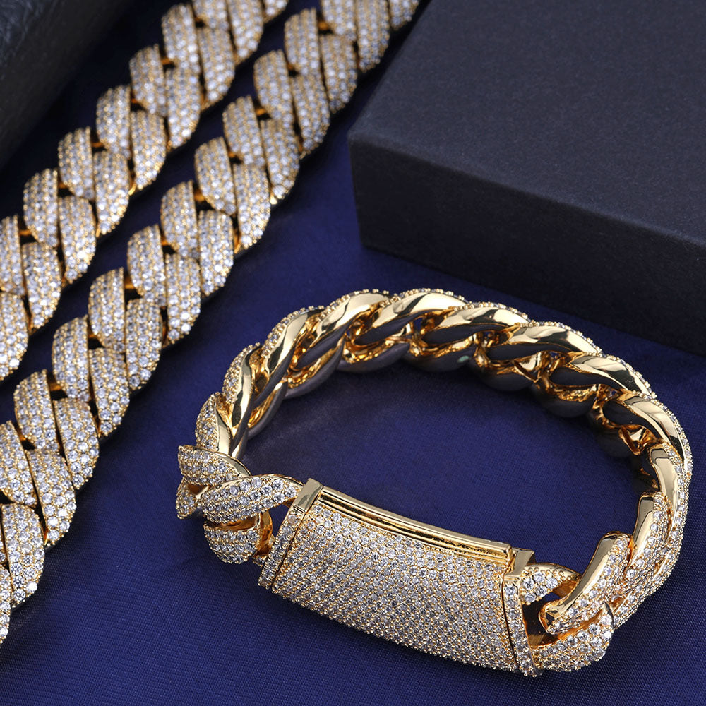 S925Silver Moissanite Three Rows Full Diamond Cuban Link Chain Bracelet