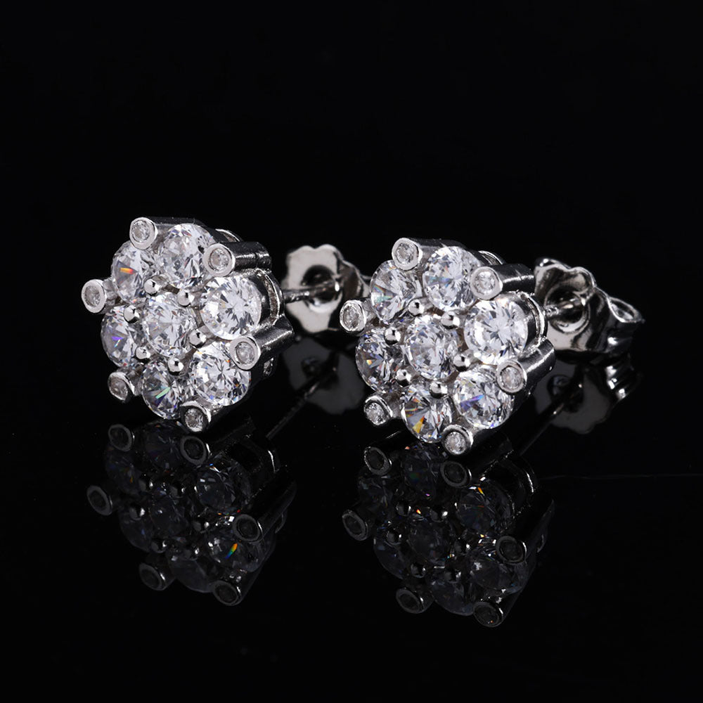 Europe and America Cross Border Hip Hop S925Silver Moissanite Flower Unique Ear Studs Earrings Custom High-Grade Men's Earrings