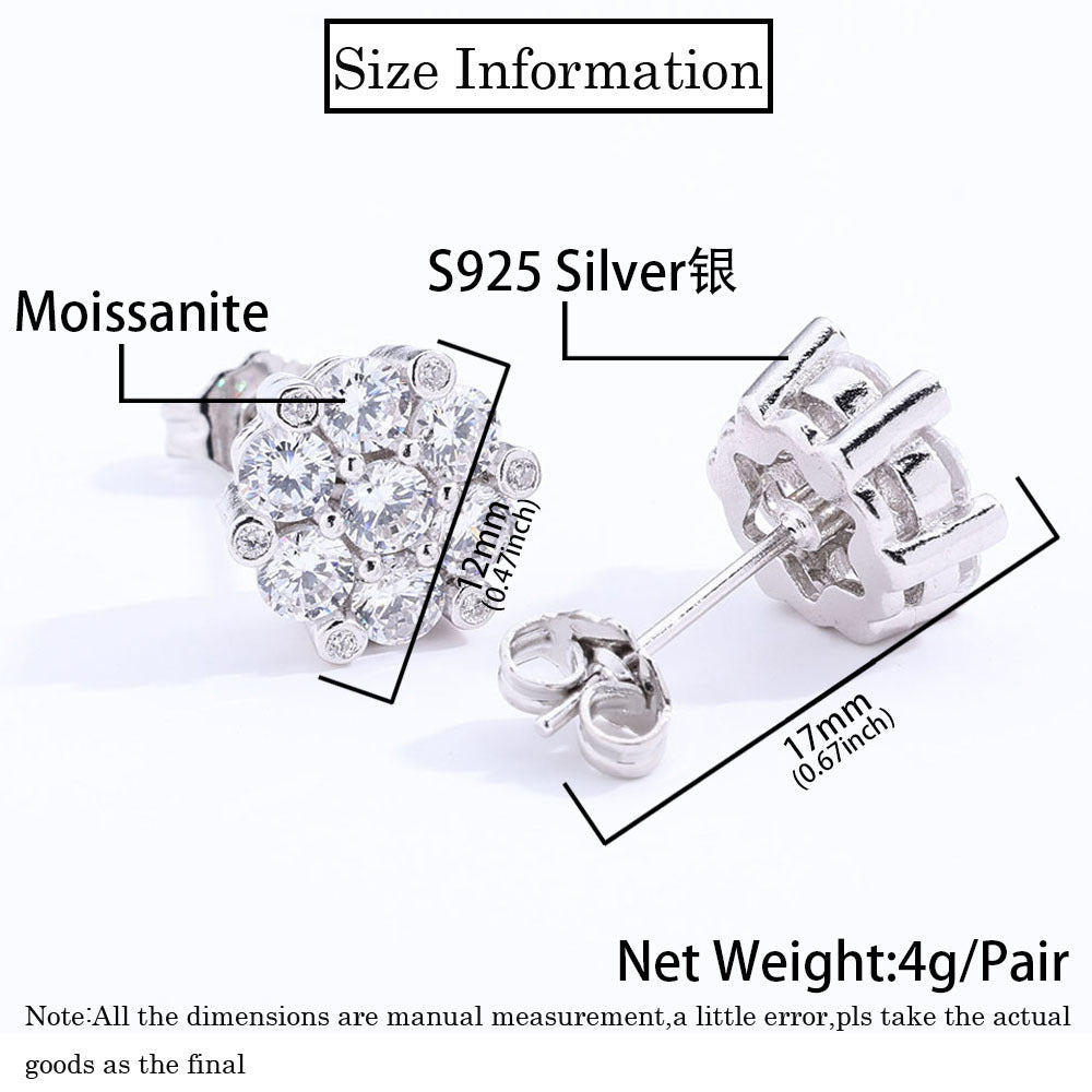 Europe and America Cross Border Hip Hop S925Silver Moissanite Flower Unique Ear Studs Earrings Custom High-Grade Men's Earrings