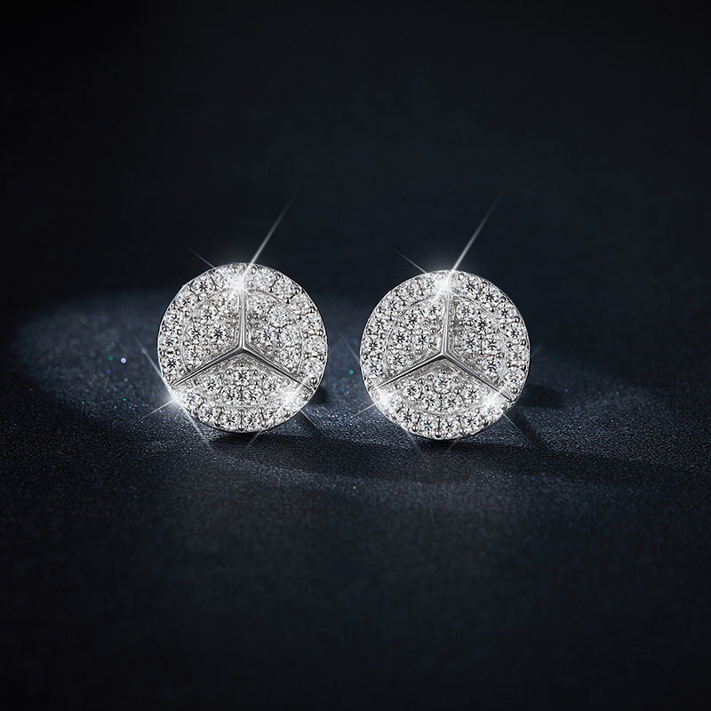 Round Fully-Inlaid Full Diamond Moissanite Three-Fork Star Ear Studs