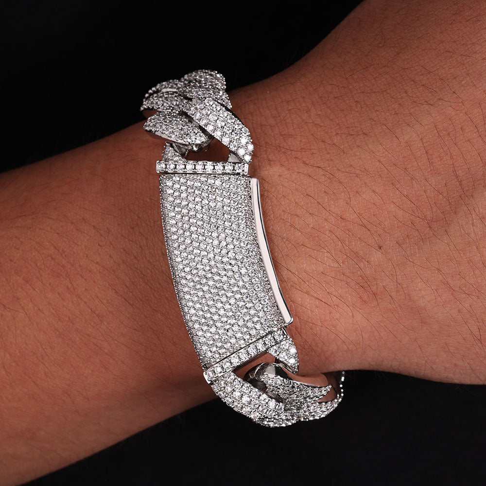 S925Silver Moissanite Three Rows Full Diamond Cuban Link Chain Bracelet