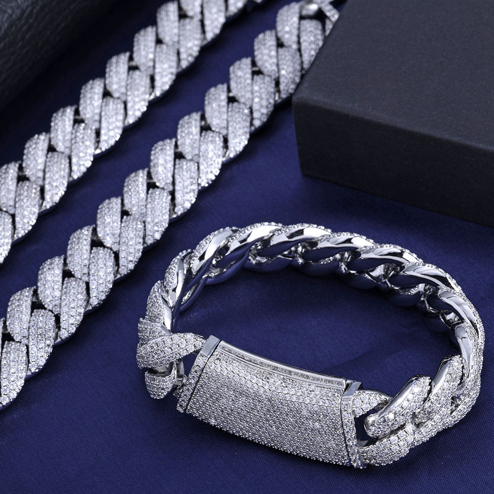 S925Silver Moissanite Three Rows Full Diamond Cuban Link Chain Bracelet