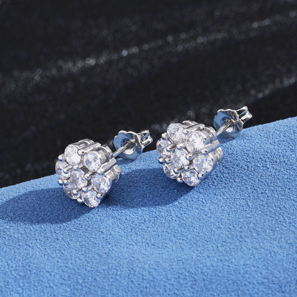 Europe and America Cross Border Hip Hop S925Silver Moissanite Flower Unique Ear Studs Earrings Custom High-Grade Men's Earrings