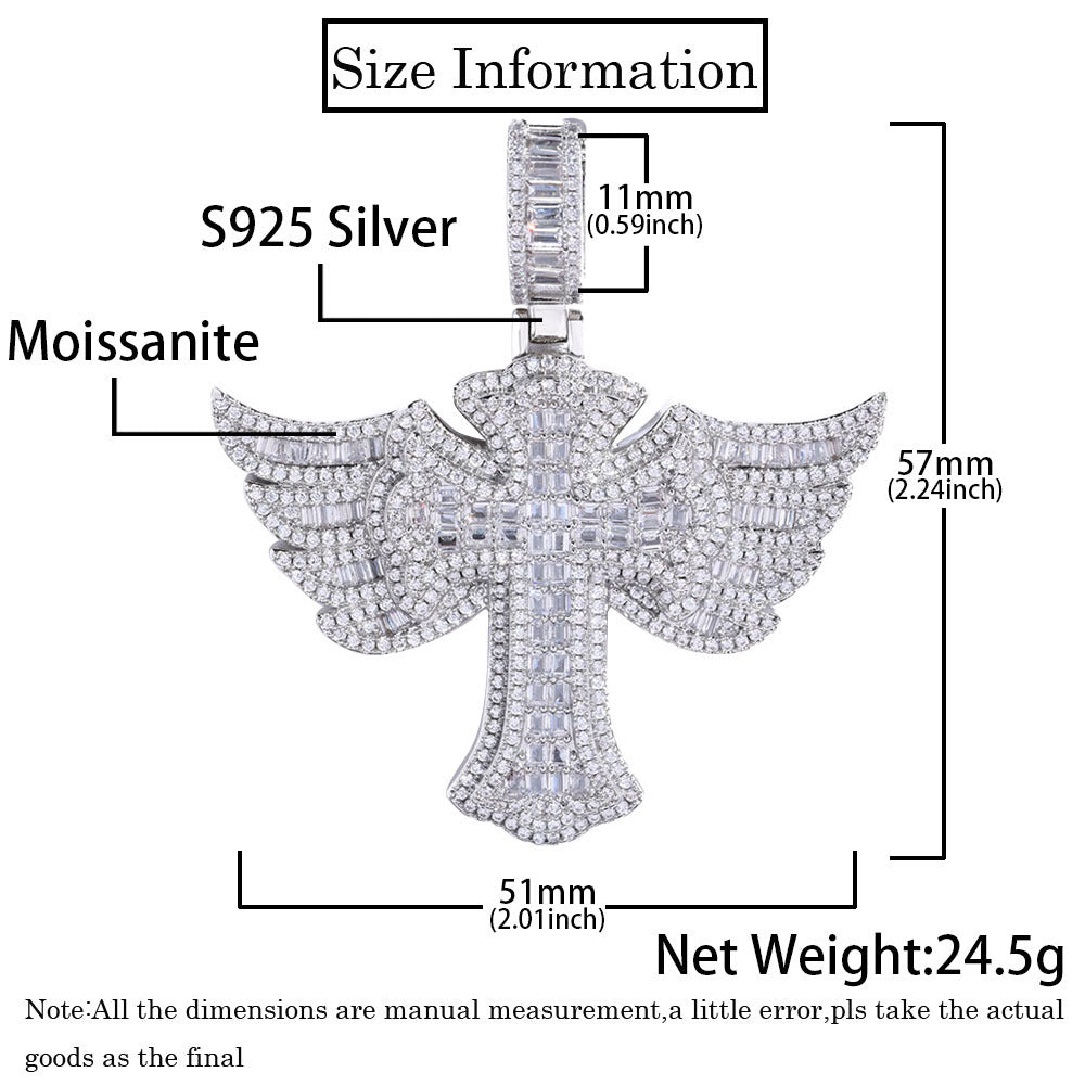 Angel Wings S925Silver Moissanite Cross Pendant