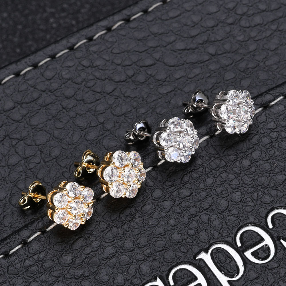 Europe and America Cross Border Hip Hop S925Silver Moissanite Flower Unique Ear Studs Earrings Custom High-Grade Men's Earrings