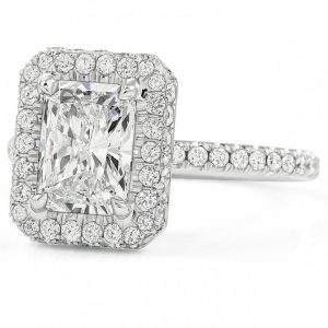 Radiant Cut Lab Diamond Halo Engagement Solitaire Ring 14K Small Rectangular Diamond Stone Center
